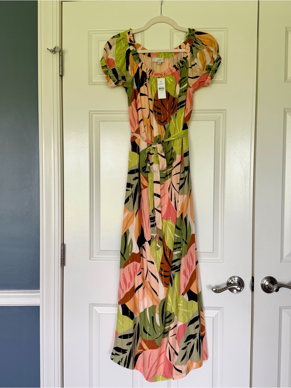 NWT LOFT Women’s Vacation Shimmer Palm Off The Shoulder Maxi Dress